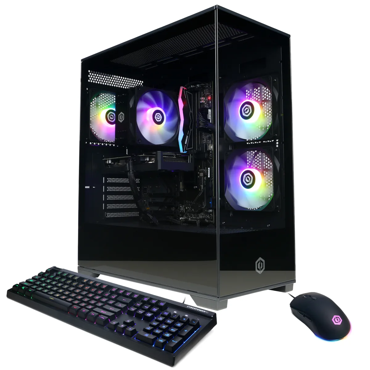 Black mid-tower gaming desktop with RGB keyboard and mouse