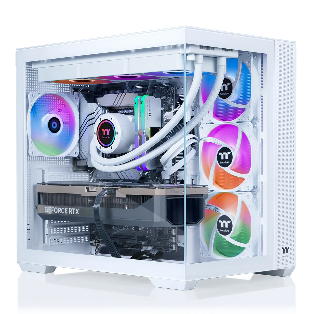 White mid-tower gaming desktop with tempered glass side panel and visible 360mm ARGB liquid cooler