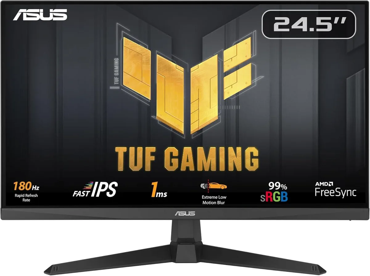 24.5 inch black gaming monitor on a stand with thin bezels