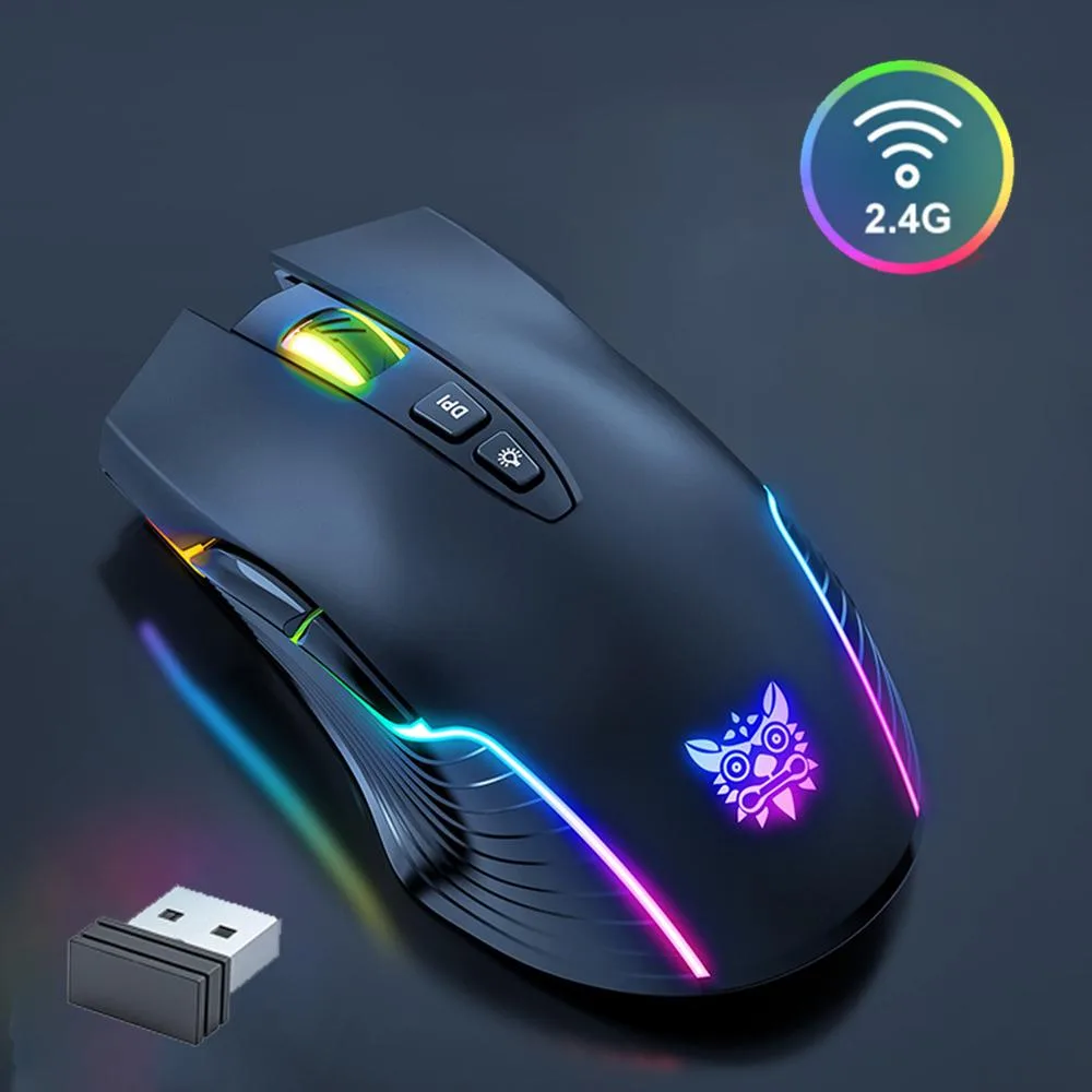 Black wireless gaming mouse, symmetrical ergonomic shape, matte finish with RGB lighting zones
