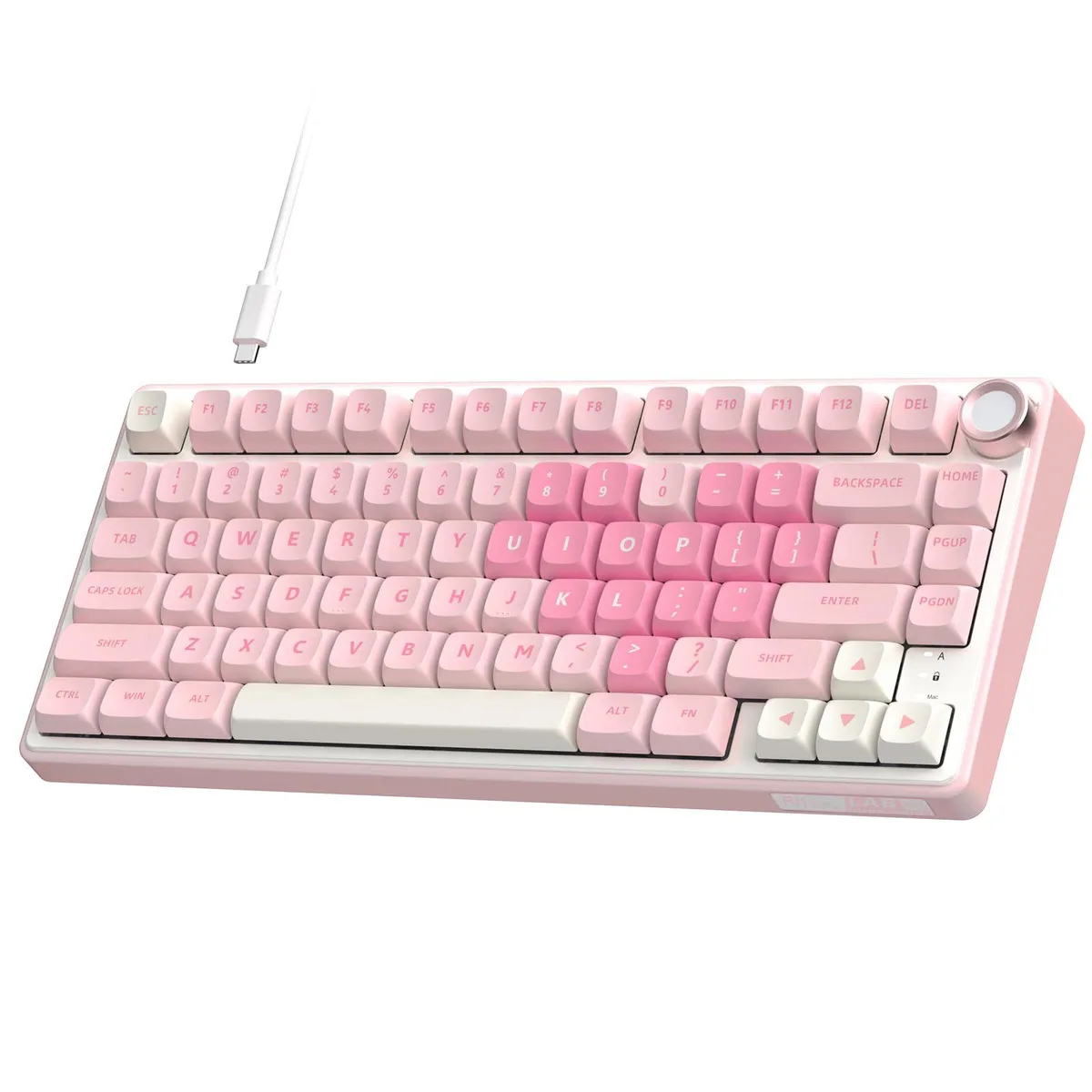 Compact pink 75% mechanical keyboard with volume knob and RGB backlighting