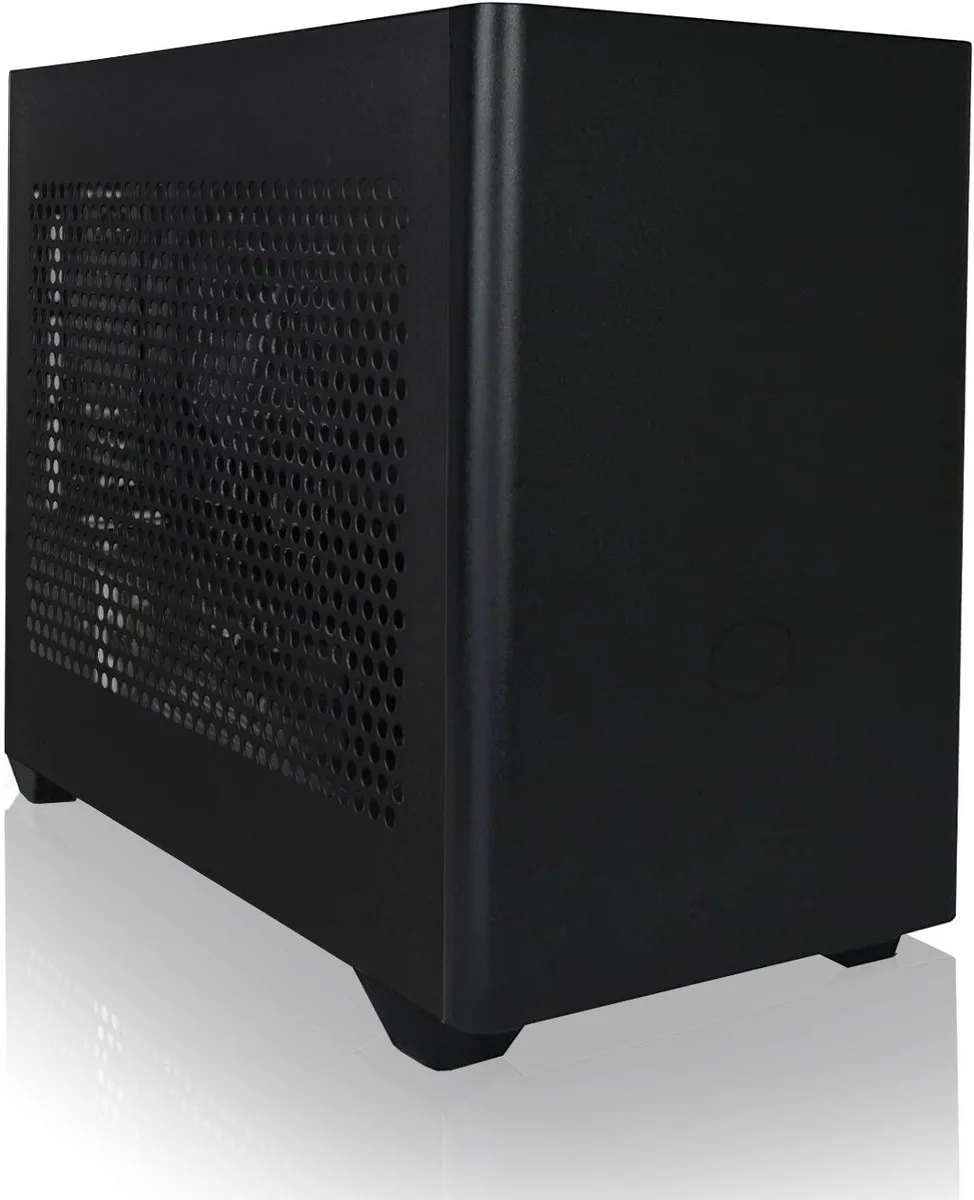 Black Mini-ITX gaming tower with ARGB fans and heatpipe cooler