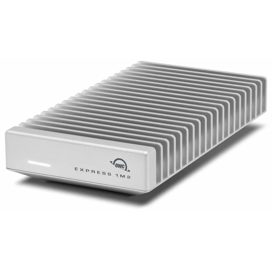 Silver rectangular rugged portable SSD with finned aluminum heatsink and short USB4 cable