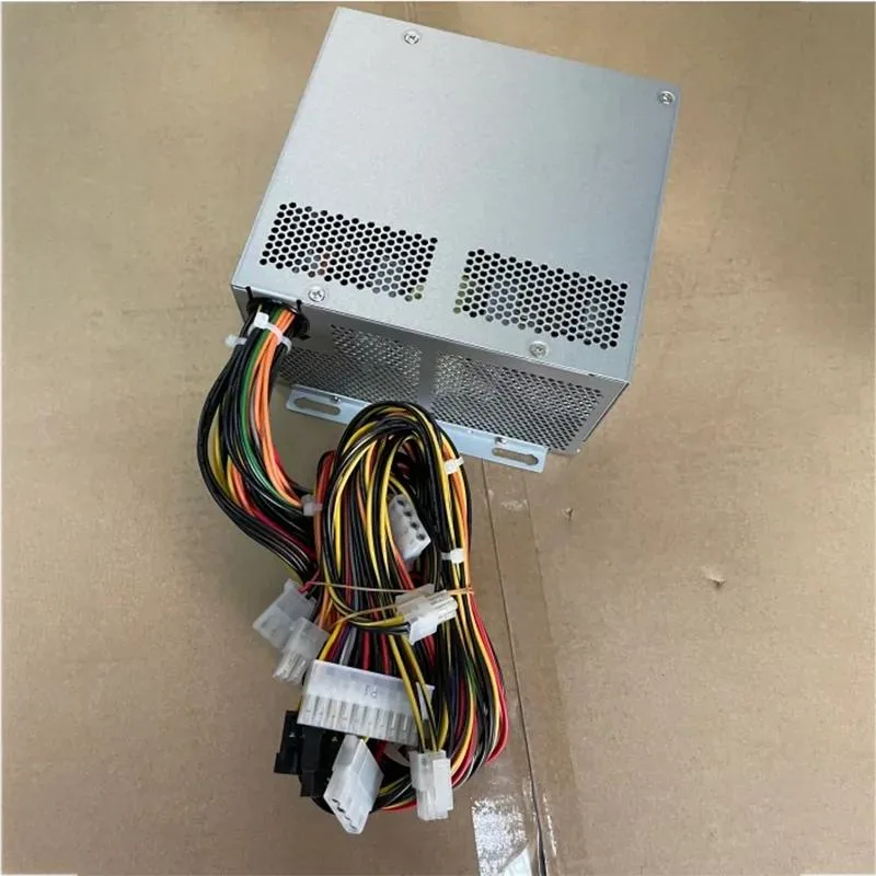 Rectangular black ATX power supply unit with cooling fan and cable bundle