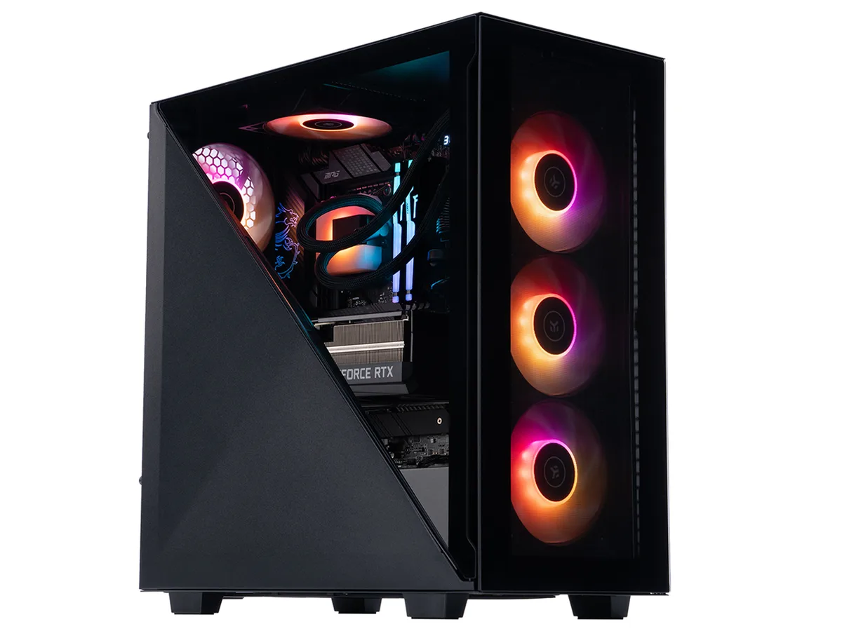 Black mid-tower gaming PC with RGB liquid cooler and tempered glass side panel