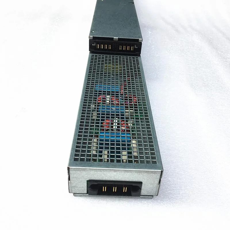 Rectangular silver server power supply unit with rear connector and ventilation grille