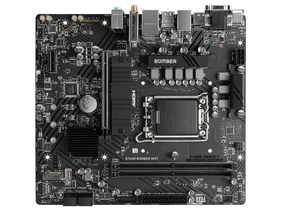 Green Micro ATX motherboard with silver heatsinks, black PCB, rear I/O shield, and bundled Wi-Fi antenna