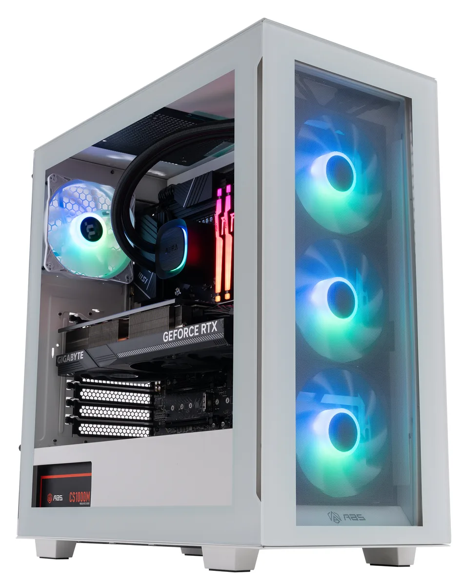Snow-white mid-tower gaming PC with RGB-lit liquid cooler visible through glass side panel