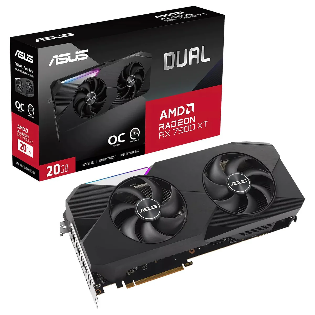 ASUS Dual Radeon RX 7900 XT graphics card, dark grey metal shroud with two axial fans and a protective backplate, 2.95 slot design
