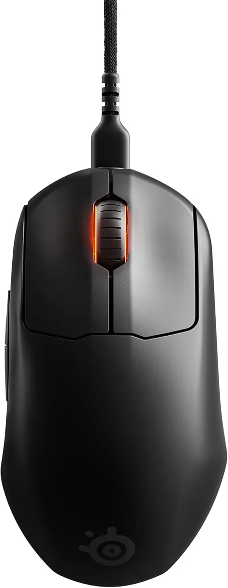 Compact black right-handed wired gaming mouse, matte finish, detachable braided cable, five buttons, RGB scroll wheel