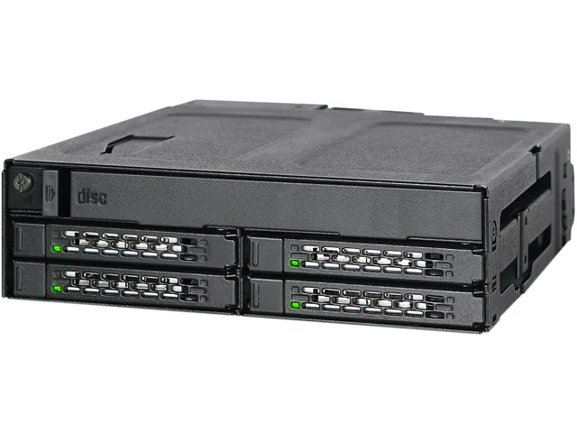 Black metal cage holding four 2.5 inch drive trays and one slim optical bay for 5.25 inch slot