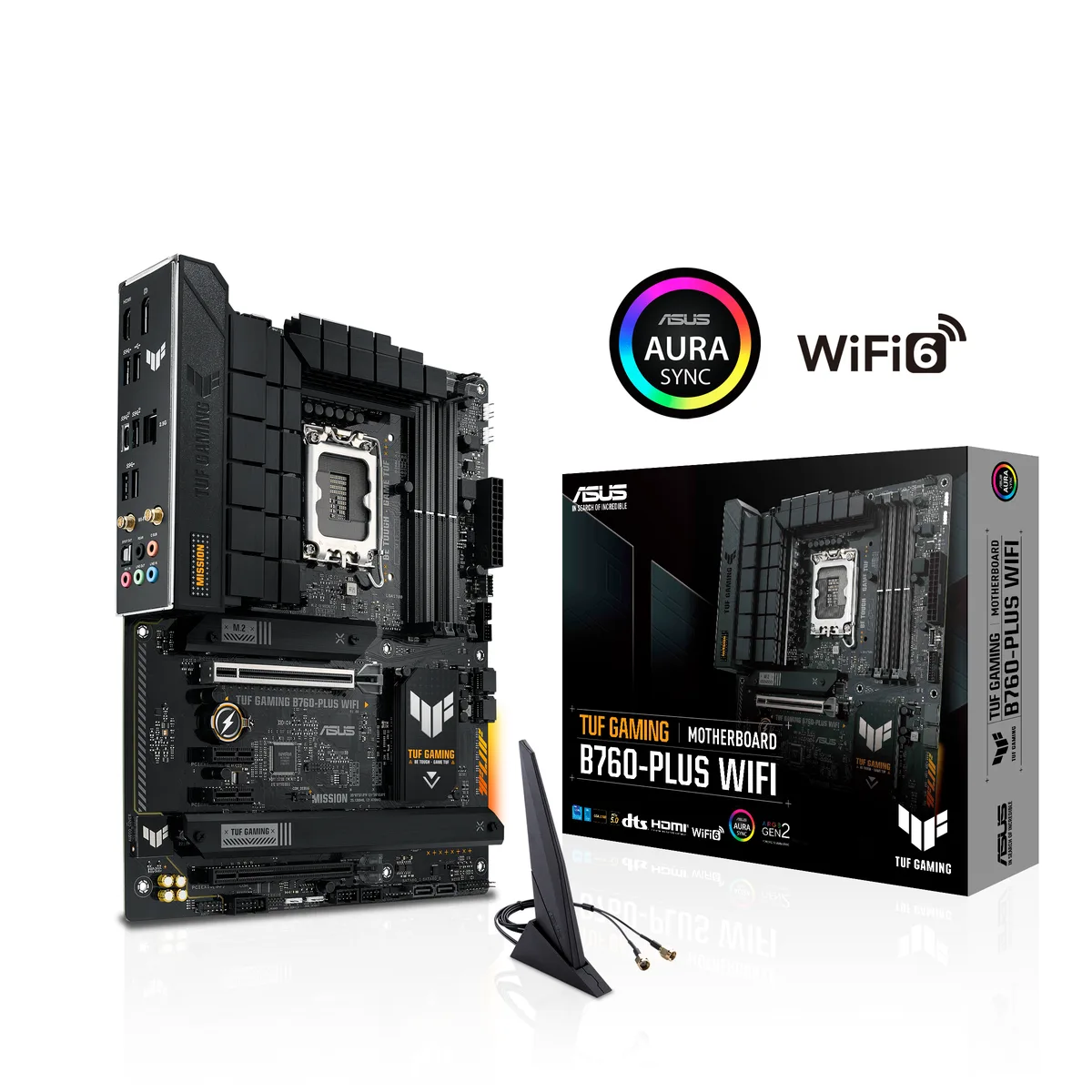 ATX motherboard in grey and yellow with large VRM heatsinks and M.2 covers