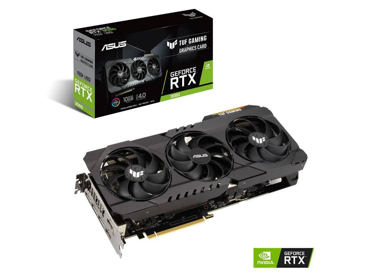 ASUS TUF Gaming GeForce RTX 3080 graphics card with triple axial-tech fans in gunmetal grey finish