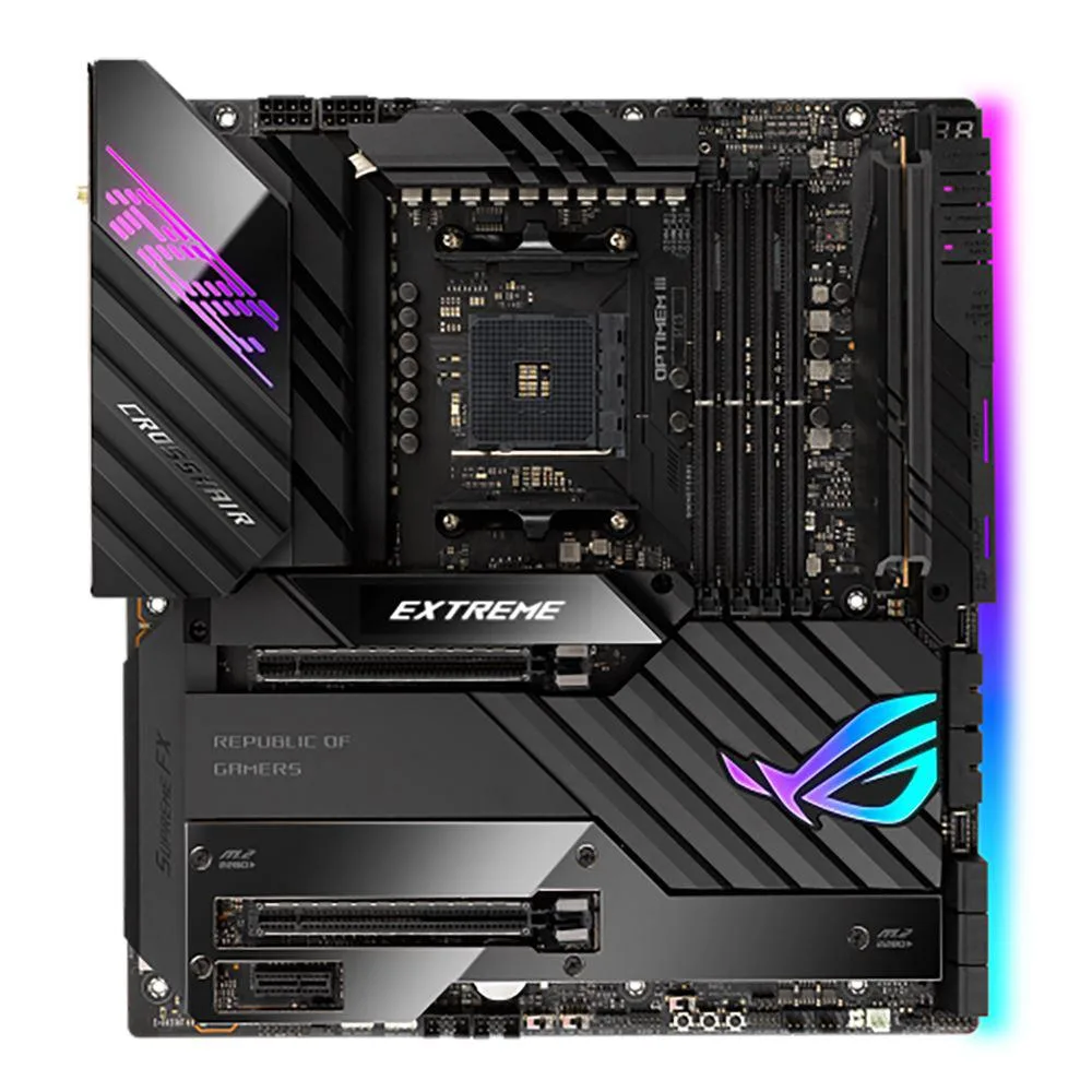 Extended ATX motherboard with black PCB and metallic heatsinks, AM4 socket, DDR4 slots, rear I/O shield included