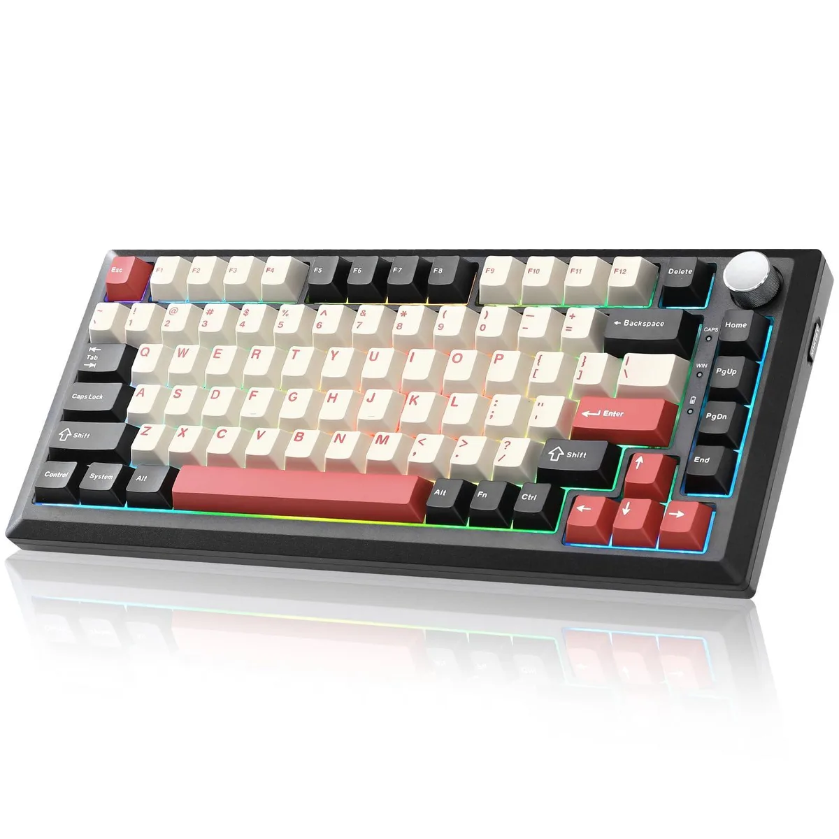 Black and red 75 percent wireless mechanical keyboard with a rotary knob and RGB backlighting