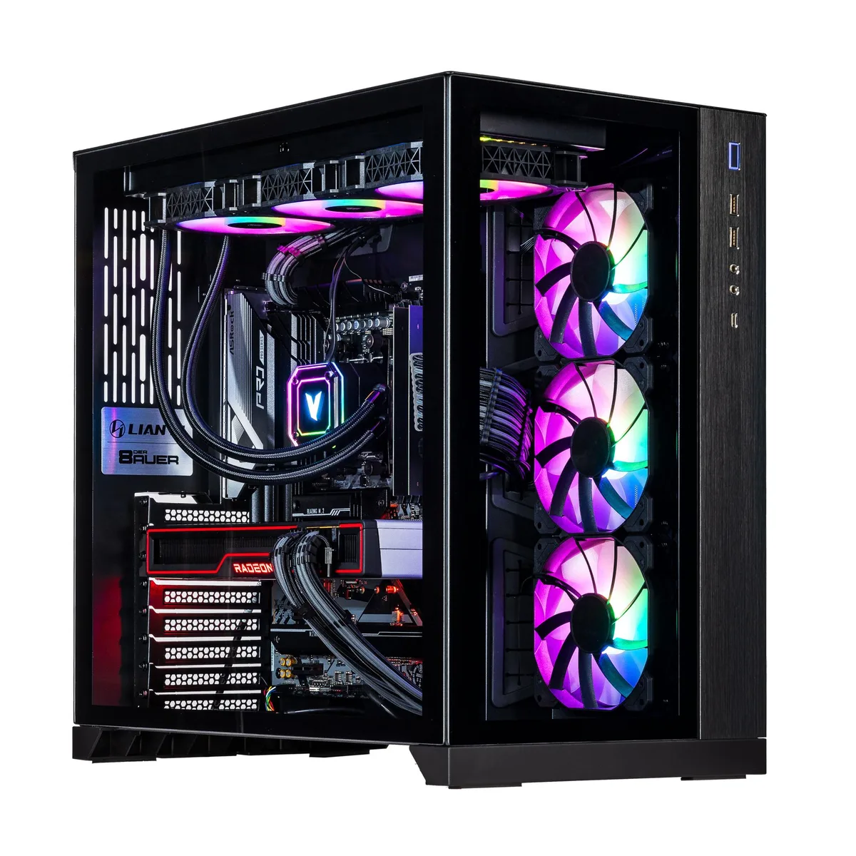 Black desktop tower with RGB liquid cooler visible through side panel