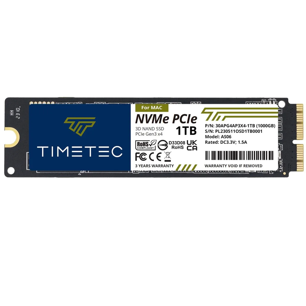 Green printed circuit board with black controller and memory chips, gold edge connector, no heatsink