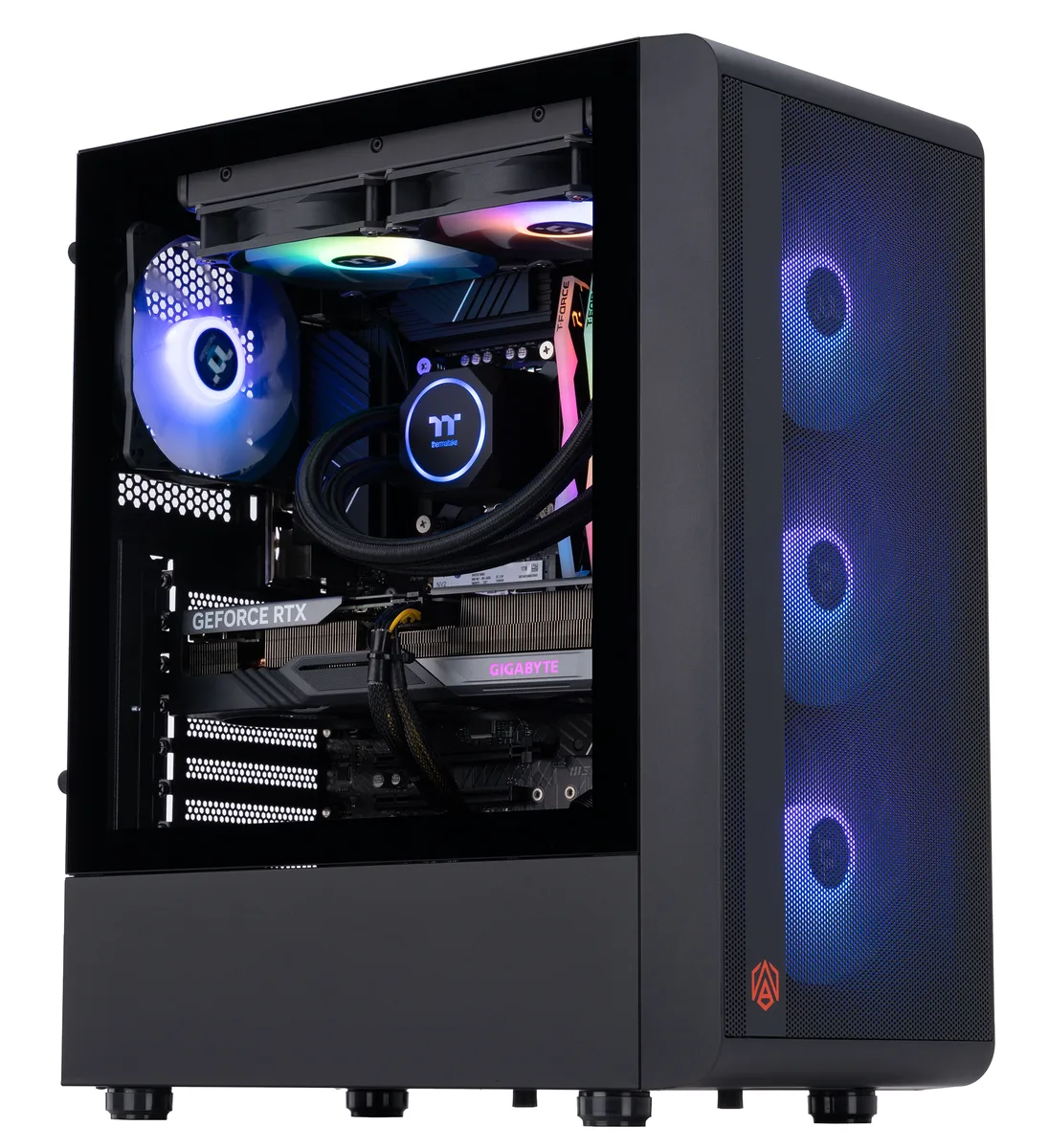 Black mid-tower PC with glass side panel showing RGB-lit AIO cooler and memory modules