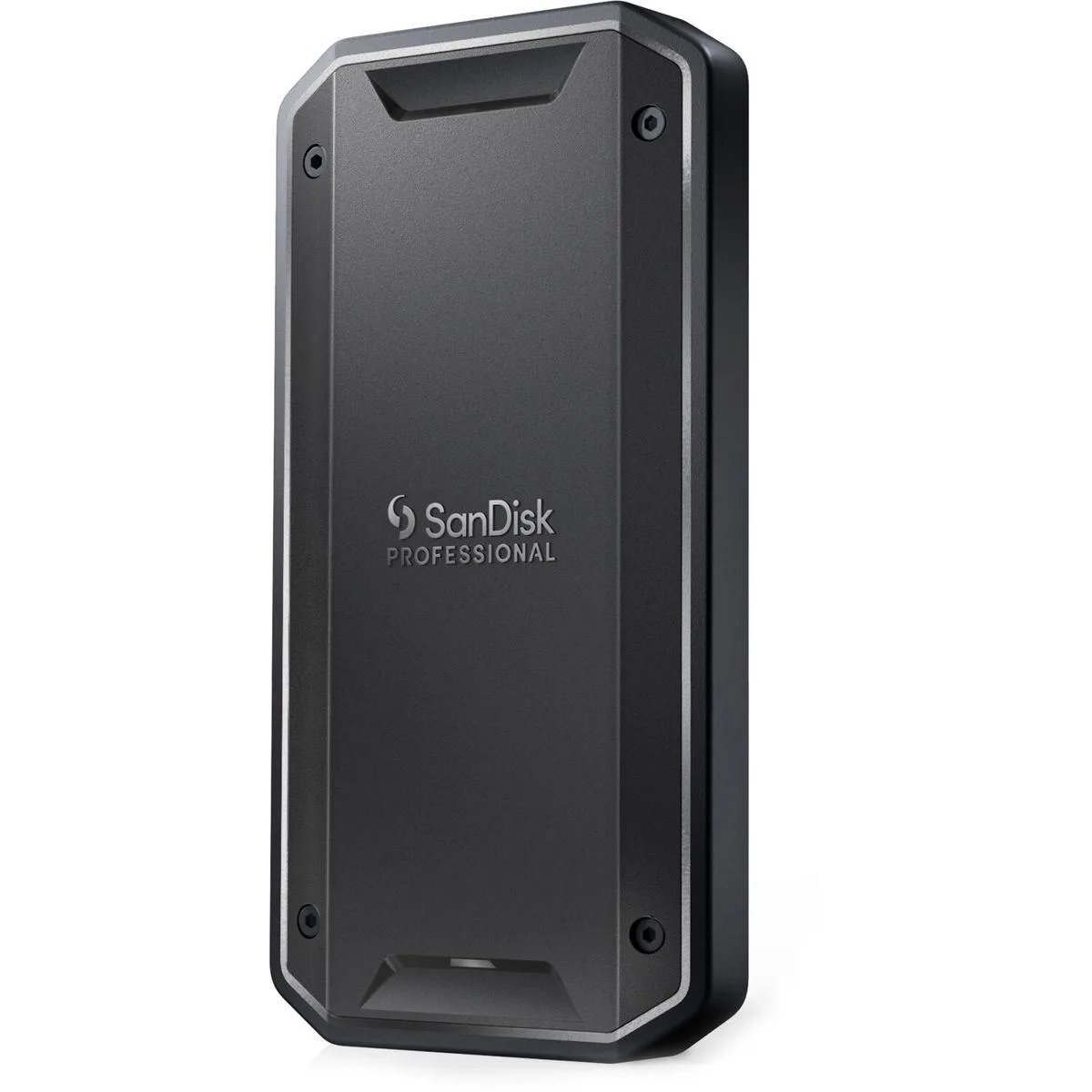 Black rectangular portable SSD with rounded edges and USB-C port