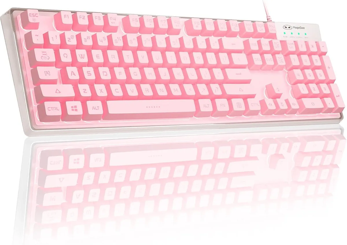 Full-size pink gaming keyboard with clear housing and metal base, 104 keys, wired