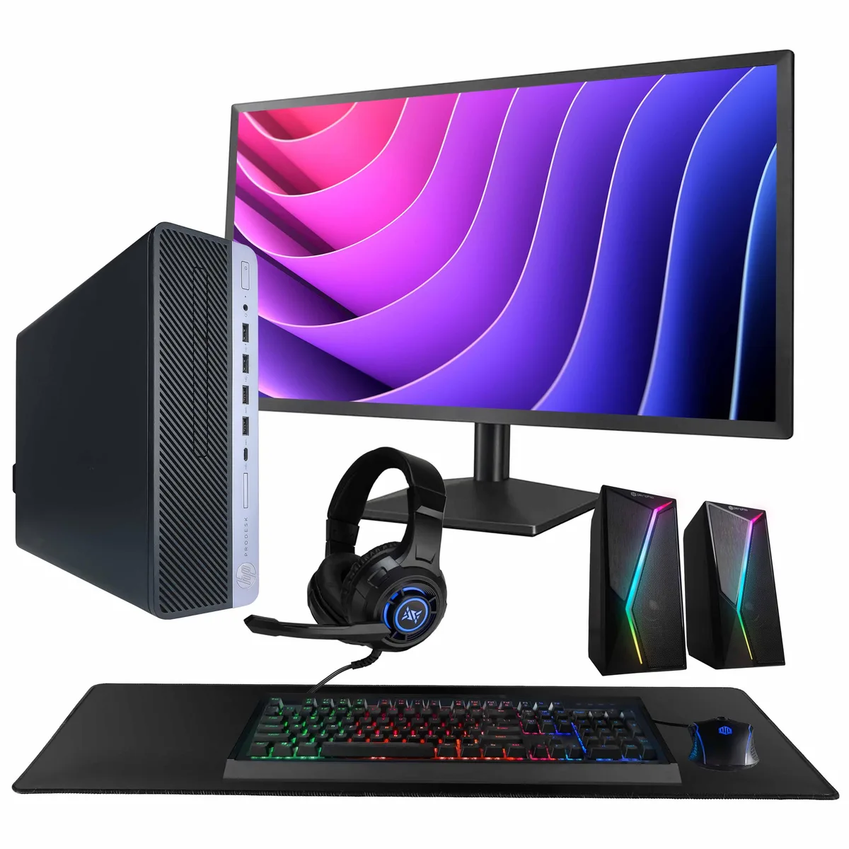 Black HP ProDesk 600G5 tower with silver accents alongside a 24 inch monitor, RGB keyboard, mouse, speakers and headset