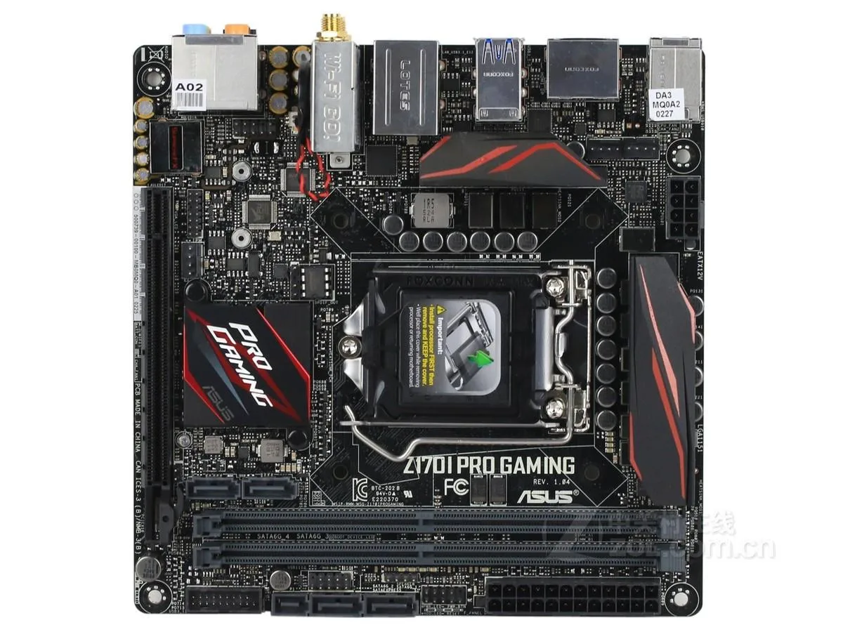 Compact Mini-ITX motherboard with black PCB and metallic I/O shield