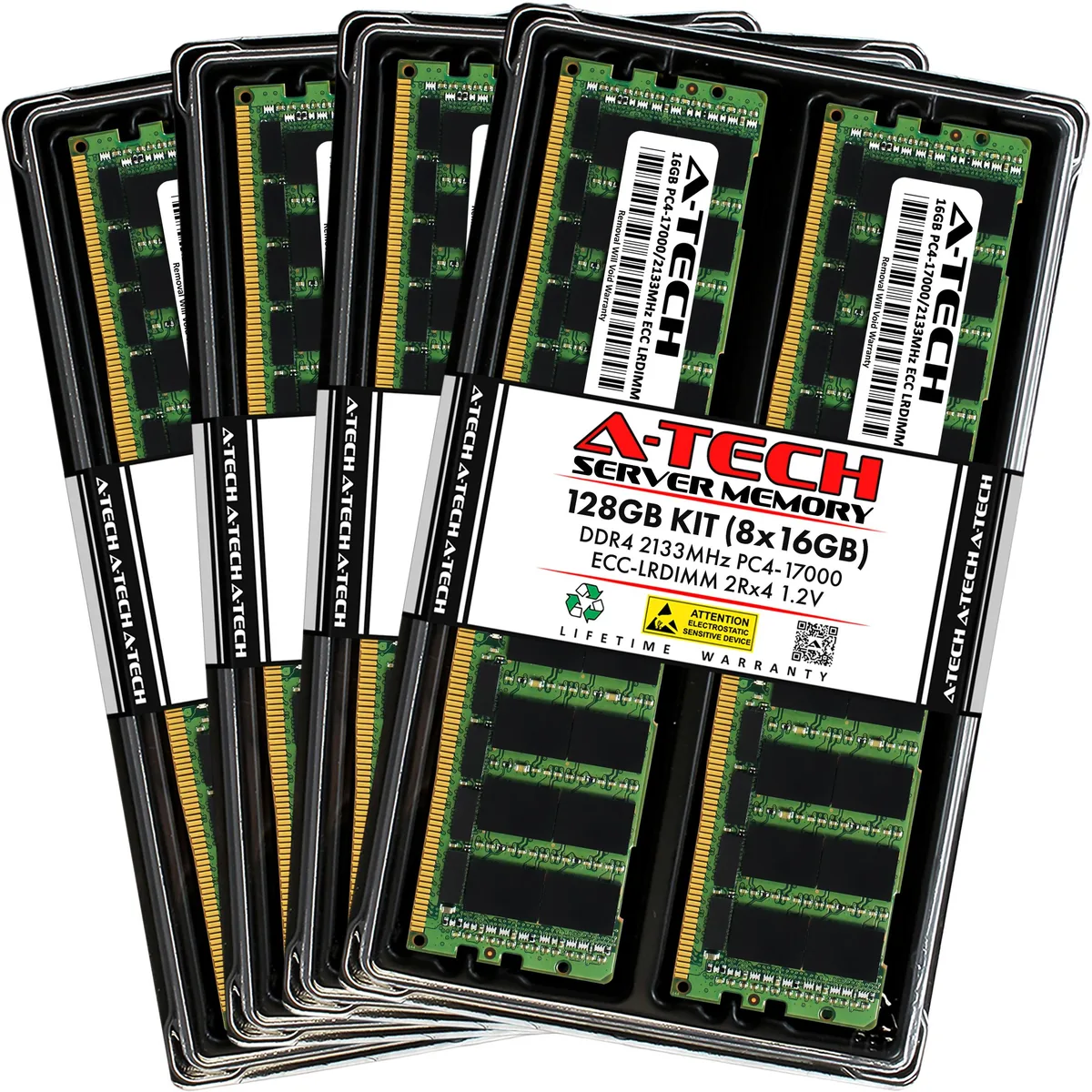 Eight green DDR4 server DIMMs in anti-static tray