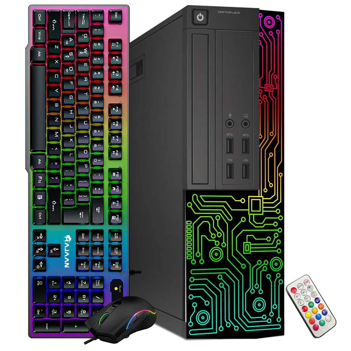 Black Dell OptiPlex 5050 SFF desktop with RGB front panel, wired keyboard and mouse