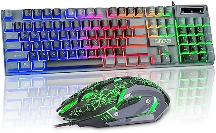 Black full-size wired keyboard with floating keycaps and rainbow LED backlight, paired with a matching six-button gaming mouse