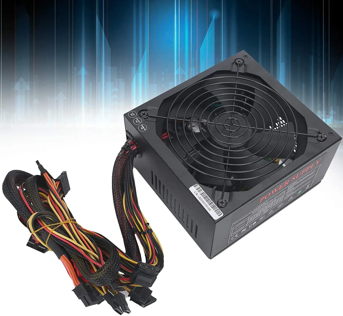 Black rectangular ATX power supply unit with 14cm fan and visible cable connectors
