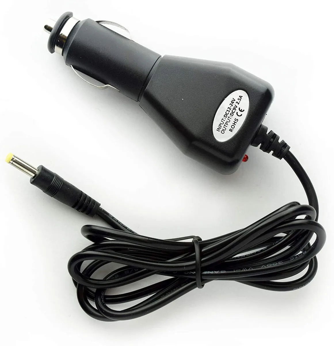 Black 9V in-car power adaptor with coiled cable and lighter plug
