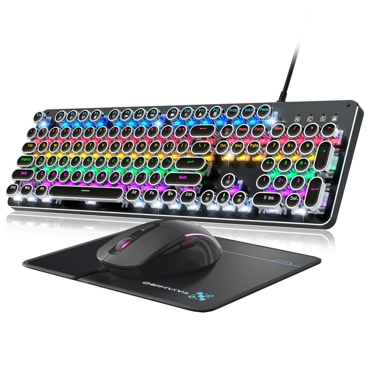 Black metal mechanical keyboard with round keycaps, matching mouse and pad, USB wired, rainbow LED backlight