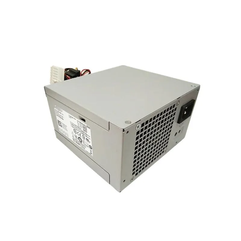Rectangular ATX power supply unit with matte black metal casing and cooling fan grille