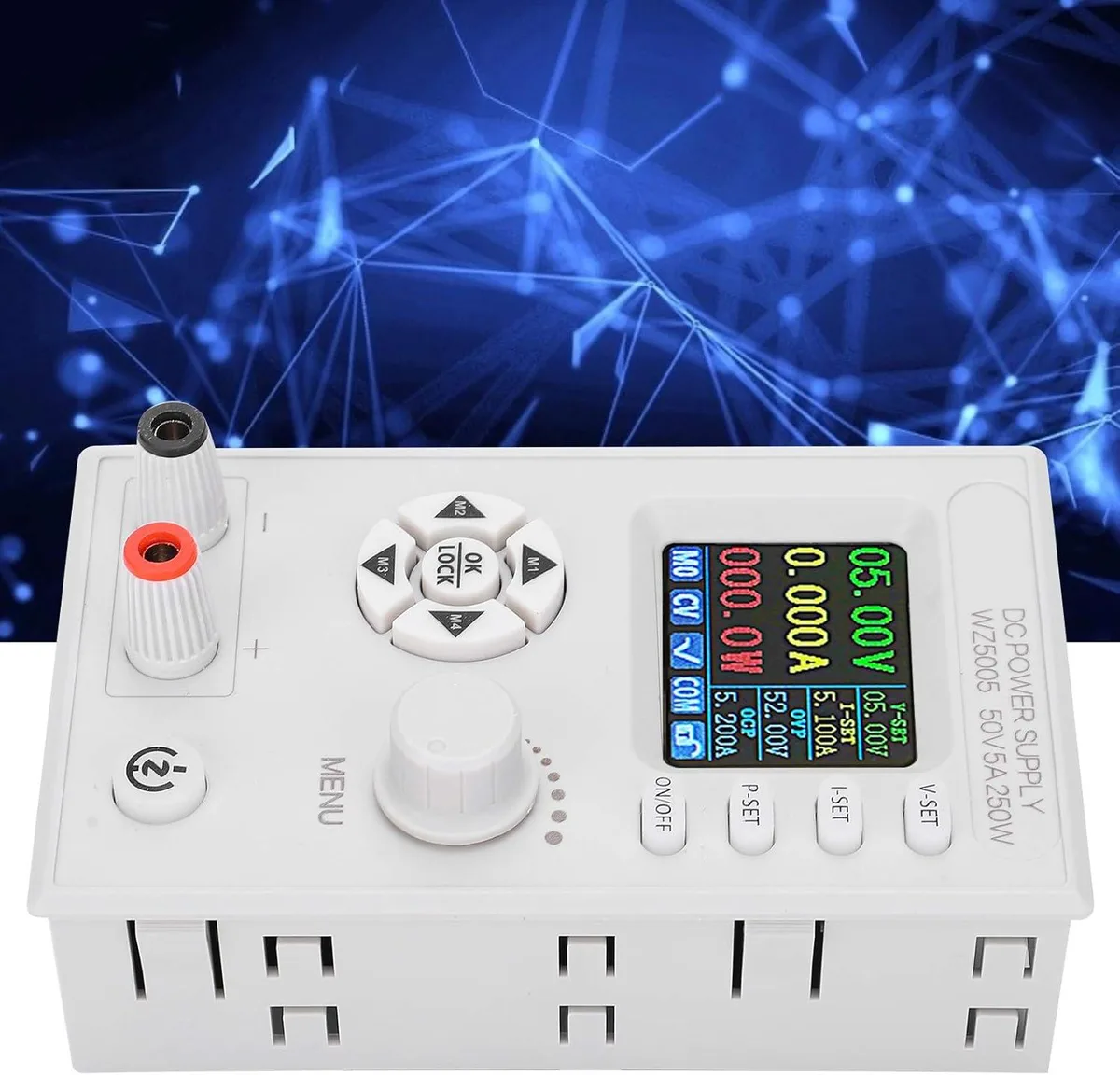Compact rectangular DC power supply unit with a 1.8 inch colour LCD screen and front panel buttons, dark matte finish
