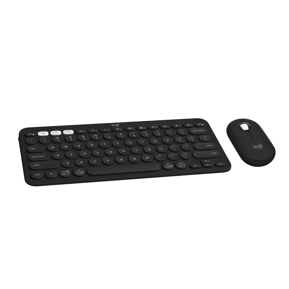 Black ultra-slim wireless keyboard and mouse combo, compact rectangular keys and pebble-shaped mouse, matte plastic finish