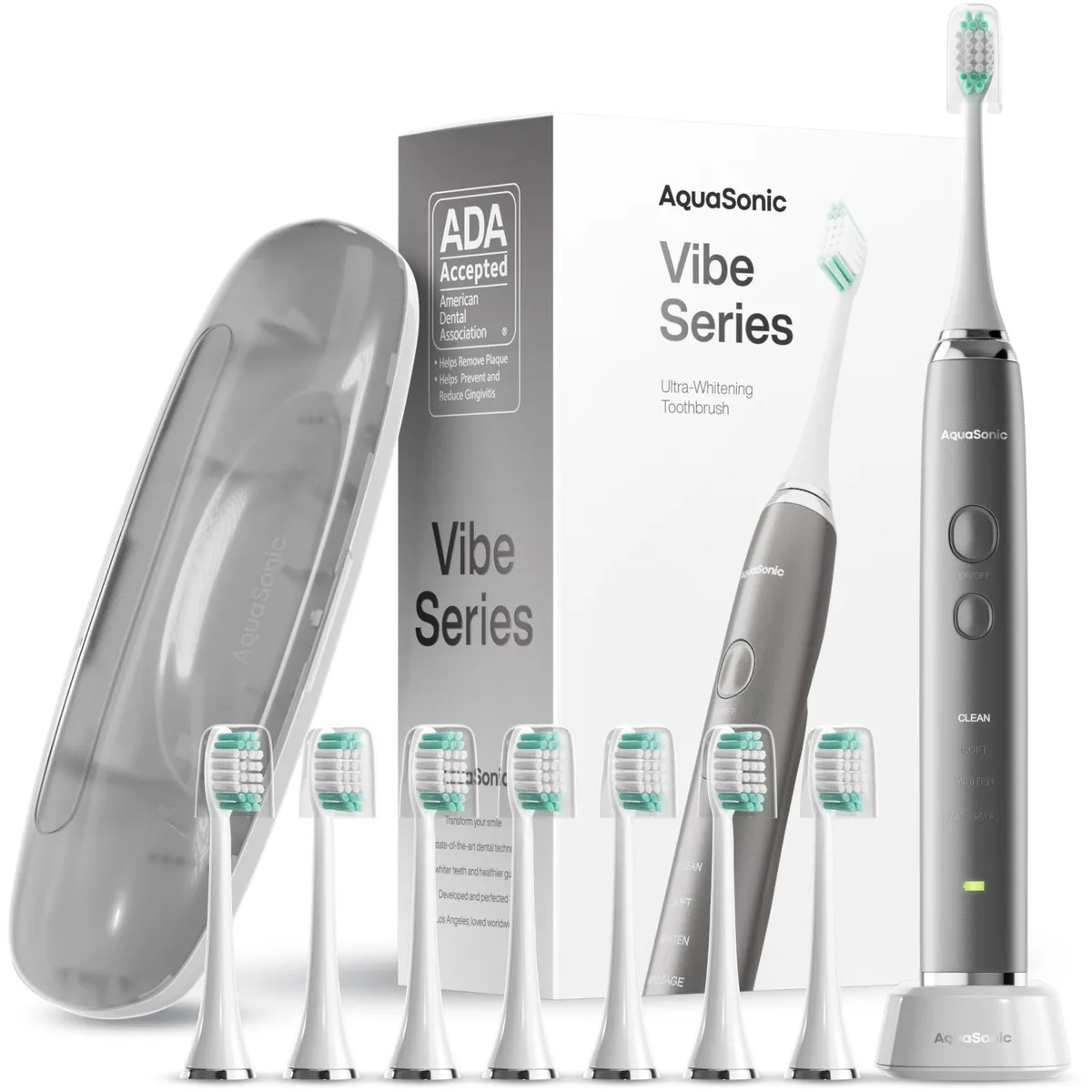  Waterpik Vibe Series Ultra Whitening Electric Toothbrush Charcoal Metallic 40000 VPM 8 Heads Travel Case — product photo