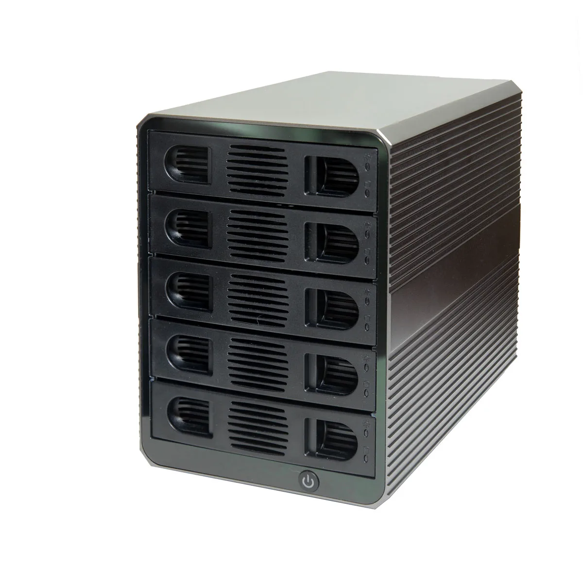 Black five-bay desktop enclosure with front drive slots and side fan