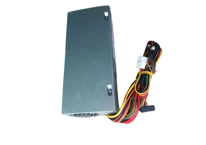 Compact silver metal power supply unit with rear fan grille and cable bundle