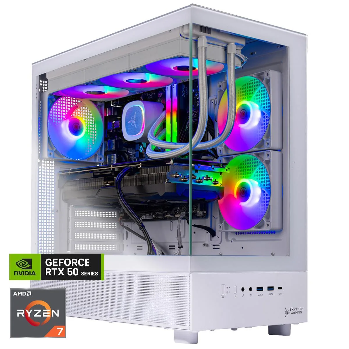 White mid-tower gaming desktop with 360mm ARGB liquid cooler visible through glass side panel