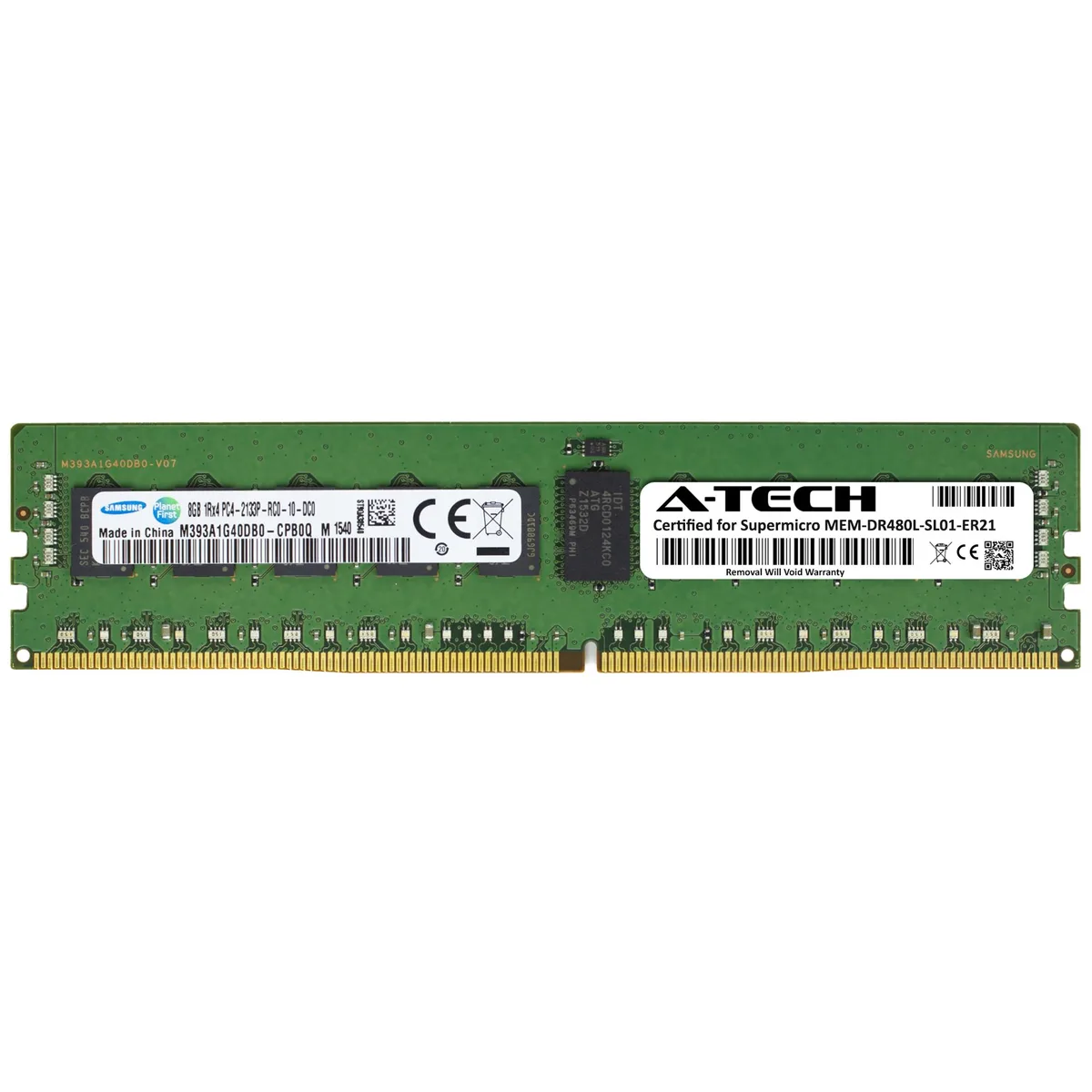 Green rectangular DDR4 RDIMM module with gold contacts and black memory chips on circuit board