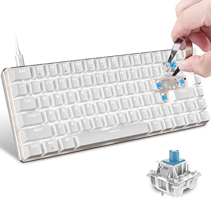 Compact white 60 percent mechanical keyboard with blue switches and white LED backlighting, detachable USB-C cable