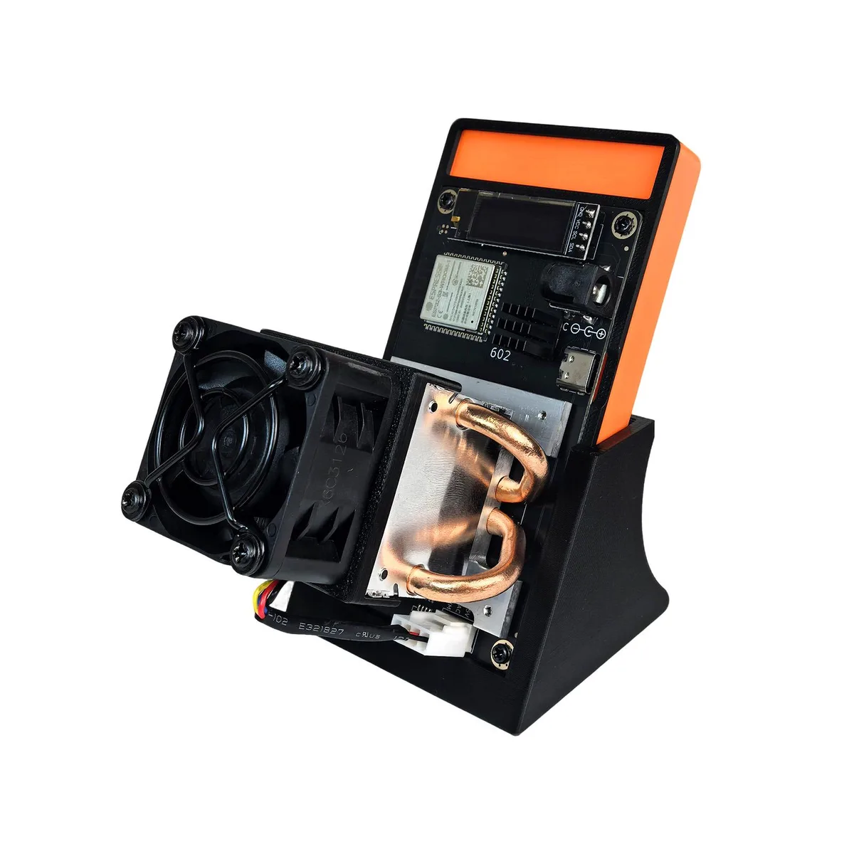 Small cube-shaped Bitcoin miner with matte black finish, OLED screen and USB-C power port