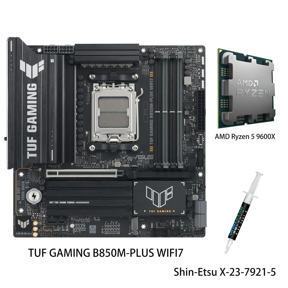 ASUS TUF Gaming B850M-PLUS WIFI7 motherboard with Ryzen 5 9600X CPU installed