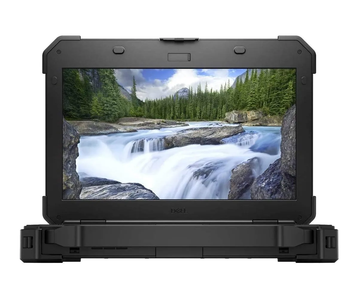 Black rugged laptop with matte finish and reinforced corners, closed lid showing Dell logo