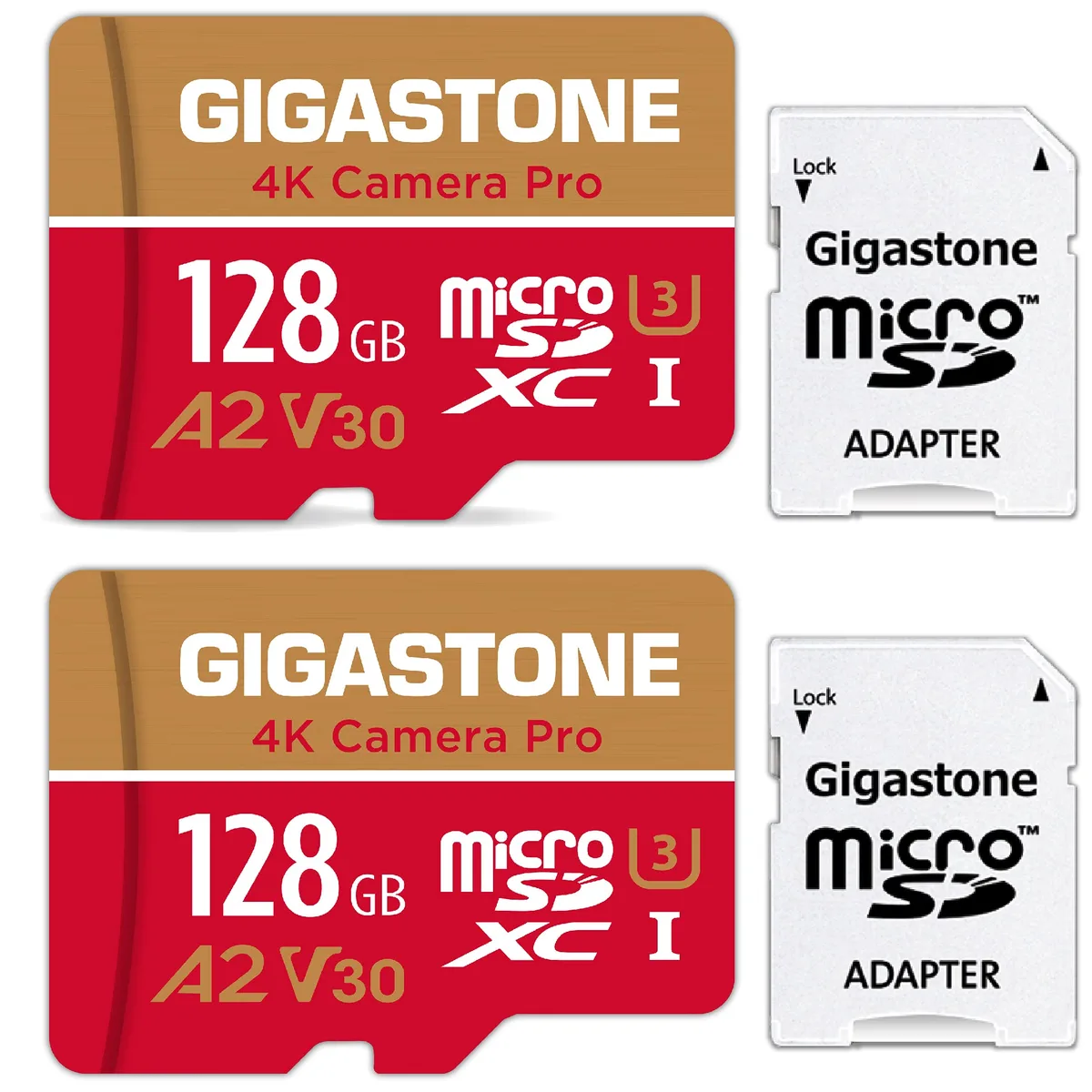 Gigastone Corporation Gigastone 128-4-2 128GB 2-Pack MicroSDXC A2 U3 V30 memory card — ürün fotoğrafı