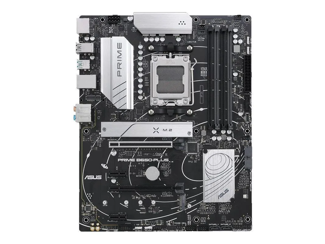ATX motherboard in dark finish with silver heatsinks and multiple expansion slots
