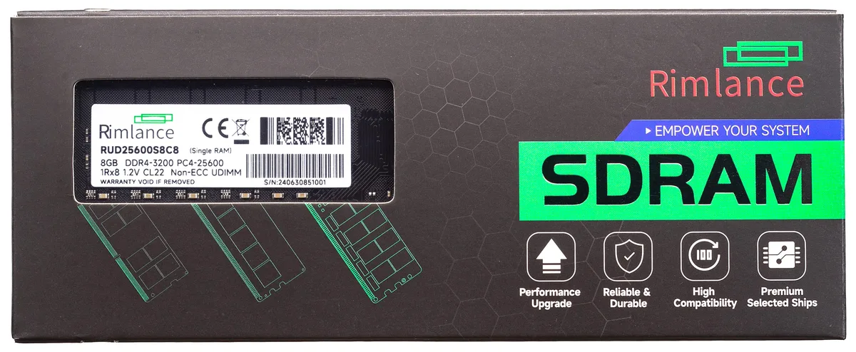 Green rectangular DDR4 memory module with gold contacts and black chips on a single side