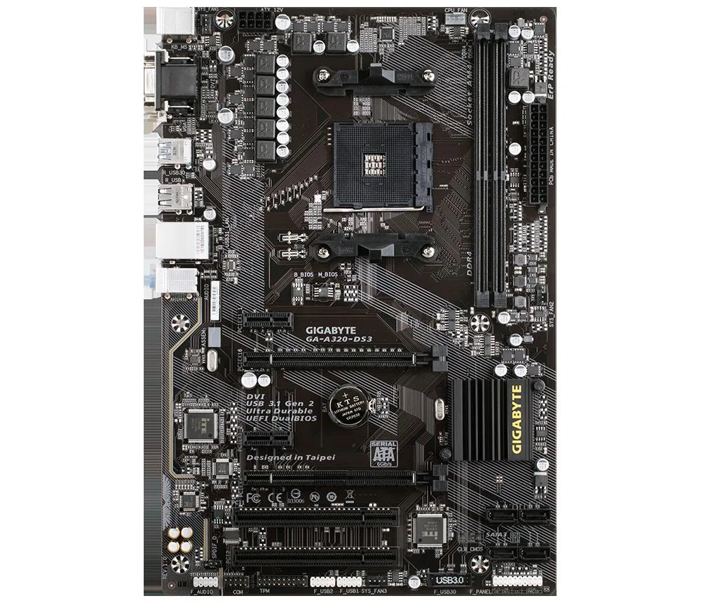 GIGABYTE GA-A320-DS3 AM4 motherboard, matte black PCB with silver heatsinks and blue accents