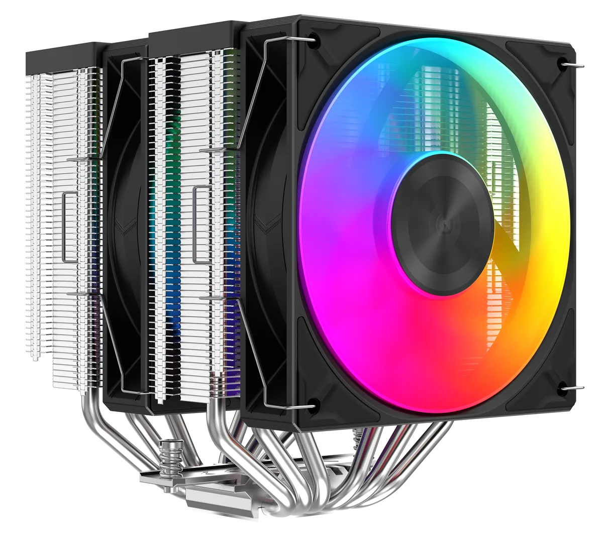 Silver dual-tower CPU cooler with six copper heatpipes, plastic top cover, dual 120mm ARGB PWM fans