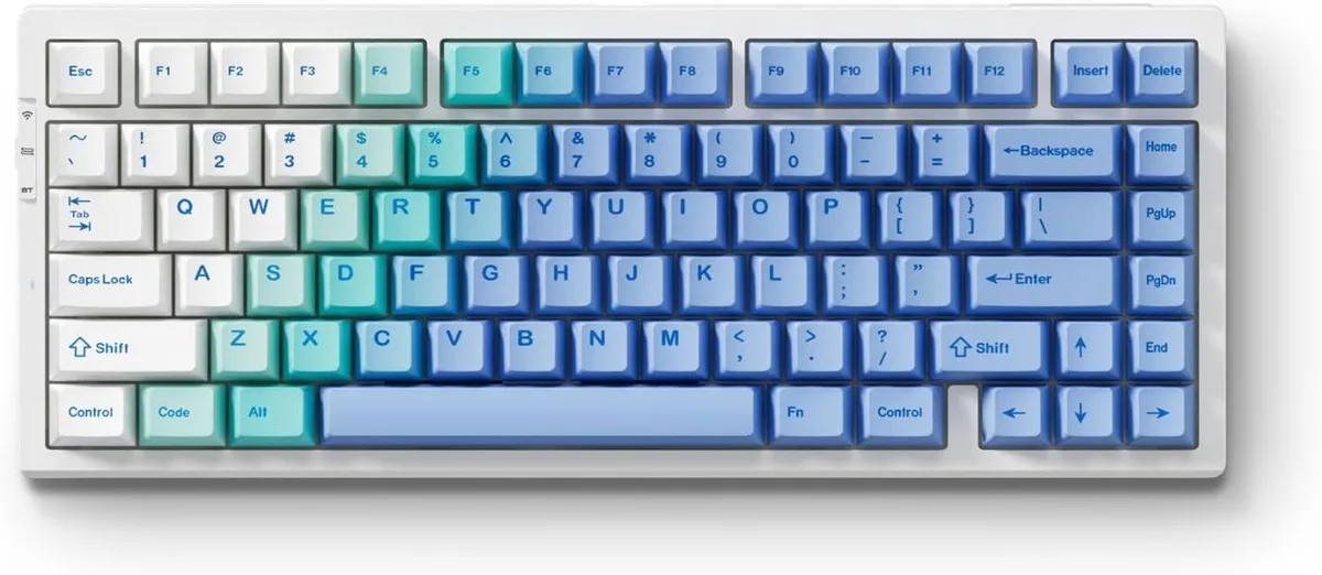 White and blue 75 percent 82-key wireless mechanical keyboard with double-shot PBT keycaps and RGB backlighting